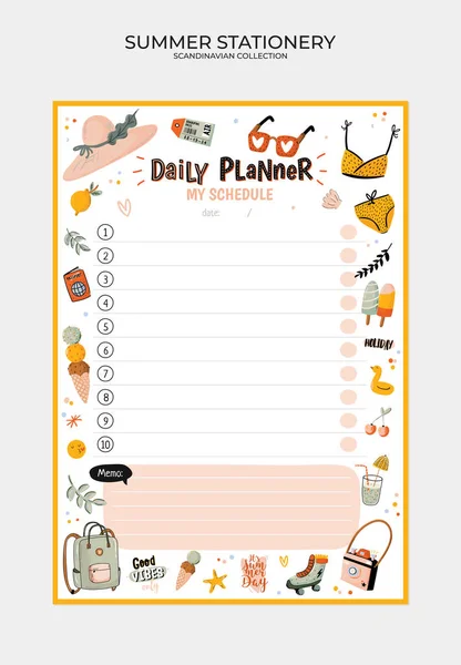 Set Weekly Planners Lists Cute Summer Illustrations Trendy Lettering Template — Stock Vector