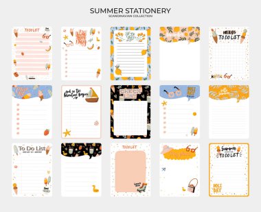 Set of weekly planners and to do lists with cute summer illustrations and trendy lettering. Template for agenda, planners, check lists, and other kids stationery. Isolated. Vector clipart