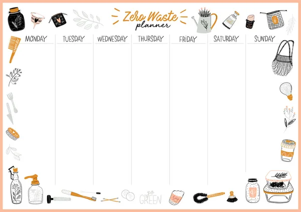 Set Weekly Planners Lists Zero Waste Illustrations Trendy Lettering Template — Stock Vector