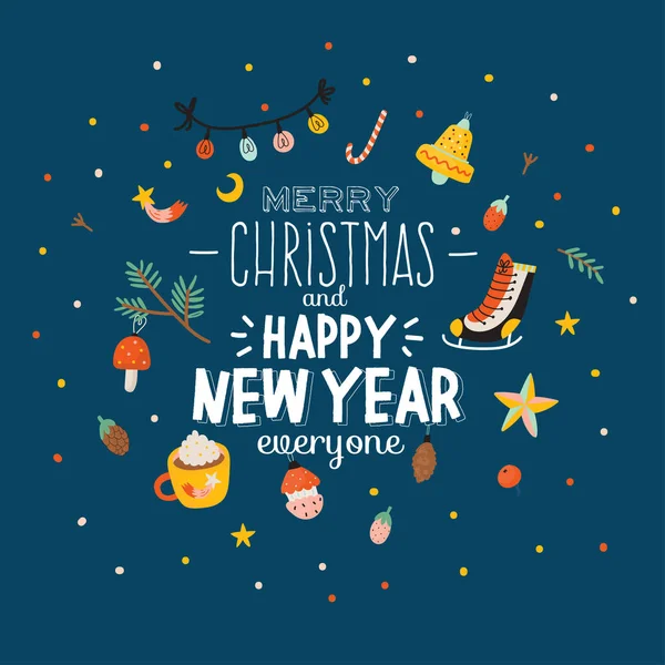メリークリスマスとハッピーニュー2020年のテンプレートは 休日のレタリングと伝統的なクリスマス要素を持ちます スカンジナビア風の可愛いイラスト ベクトル 青いバックラウンド 贈り物 — ストックベクタ