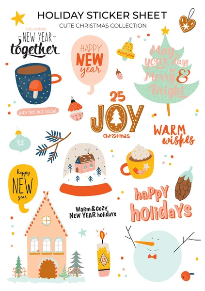 Cute Happy New Year Winter Elements Isolated White Background Motivational — Stock Vector