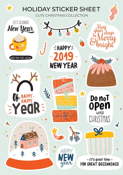 Leuke Happy New Year Winter Elementen Geïsoleerd Witte Achtergrond Motiverende — Stockvector