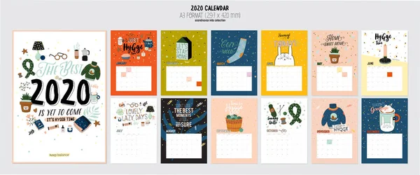 Schattig 2020 Kalender Jaarlijkse Planner Kalender Met Alle Maanden Goede — Stockvector