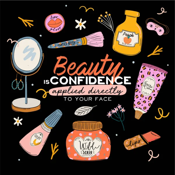 Set de rutina de cuidado de la piel con productos cosméticos orgánicos naturales en botellas, frascos, tubos para la piel en estilo doodle de moda — Vector de stock