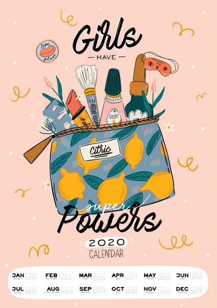 Calendrier Mignon Mur Soins Peau Girl Power 2020 Planificateur Annuel — Image vectorielle