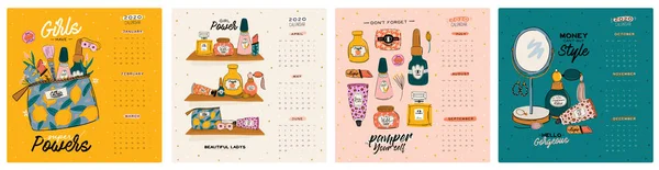 Lindo Calendario Pared Cuidado Piel Girl Power 2020 Planificador Anual — Vector de stock