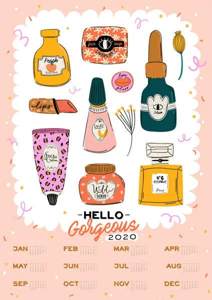 Niedlichen Mädchen Power Hautpflege Wandkalender 2020 Jahresplaner Mit Allen Monaten — Stockvektor