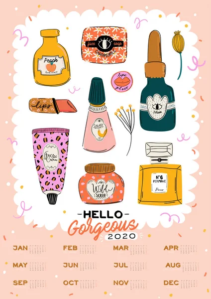 Carino Calendario Parete Skincare Girl Power Pianificatore Annuale 2020 Con — Vettoriale Stock