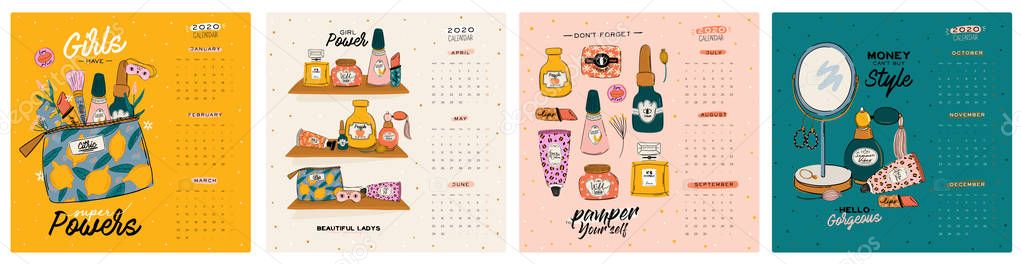 Cute Girl Power skincare wall calendar. 2020 Yearly Planner with all Months. Good Organizer and Schedule. Trendy female illustration - organic cosmetic and motivational quotes. Vector background