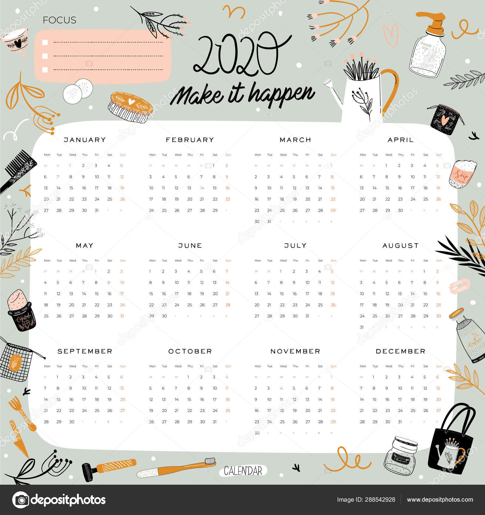Cute Zero Waste 2020 Calendar Yearly Planner Calendar All Months