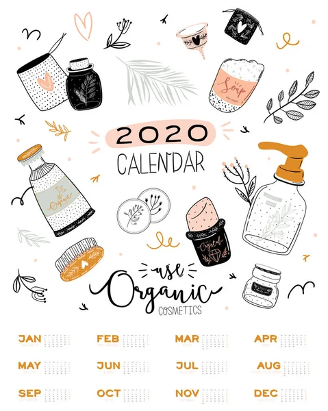 かわいいゼロ廃棄物2020カレンダー すべての月を持つ年間プランナーカレンダー 良い主催者とスケジュール 動機付けの引用符と明るいカラフルなイラスト ベクトルの背景 — ストックベクタ