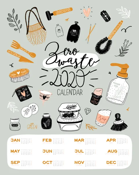 Carino Zero Rifiuti 2020 Calendario Calendario Planner Annuale Con Tutti — Vettoriale Stock