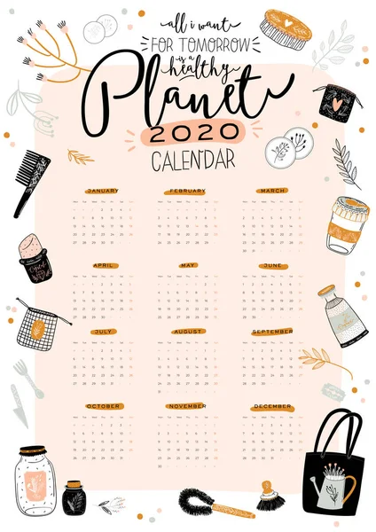 Cute Zero Waste 2020 Calendar Yearly Planner Calendar All Months — Stock Vector