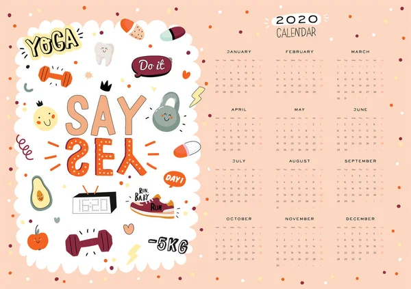 Firtness Wall Calendar 2020 Yearly Planner Have All Months Good — Stock Vector