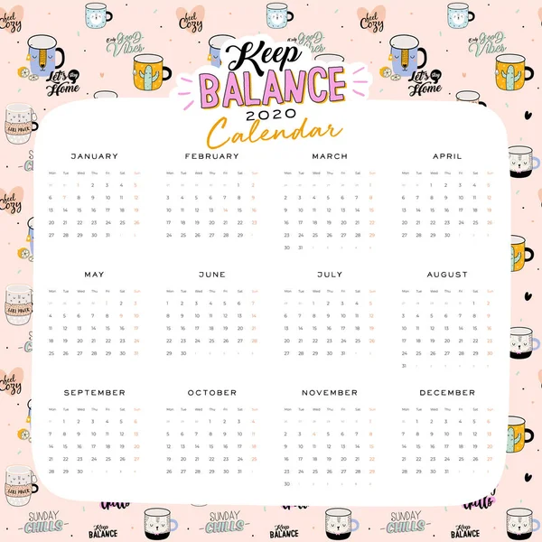 Lindo Calendario Pared 2020 Planificador Anual Con Todos Los Meses — Vector de stock