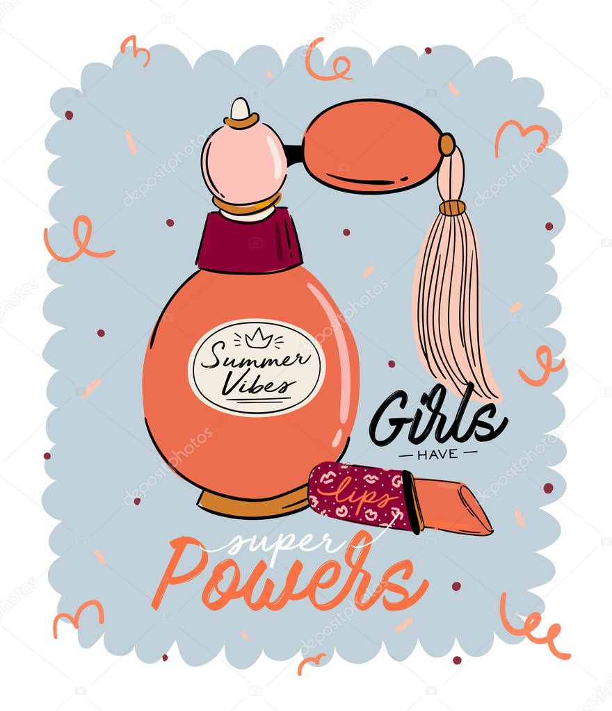 Skincare routine set with natural organic cosmetics products in bottles, jars, tubes for skin in trendy doodle style. Cute motivational and inspirational girl power lettering. Vector illustration