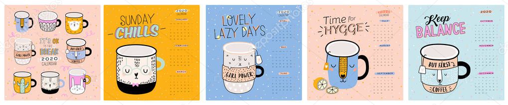 Cute wall calendar. 2020 Yearly Planner with all Months. Good Organizer and Schedule. Trendy illustration -  animal cartoon coffee cups and motivational quotes. Vector background