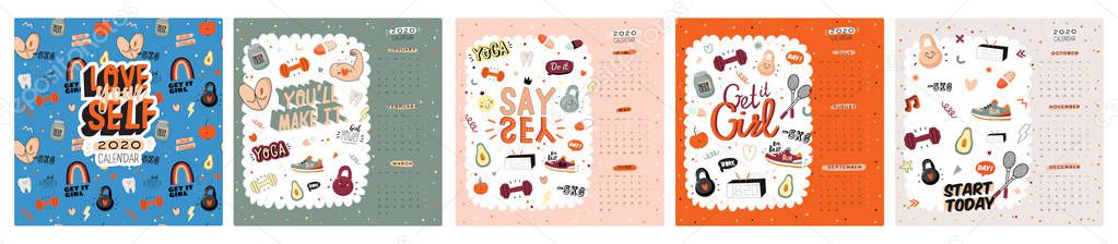 Firtness wall calendar. 2020 Yearly Planner have all Months. Good Organizer and Schedule. Trendy sport illustrations, lettering with motivational quotes. Vector background