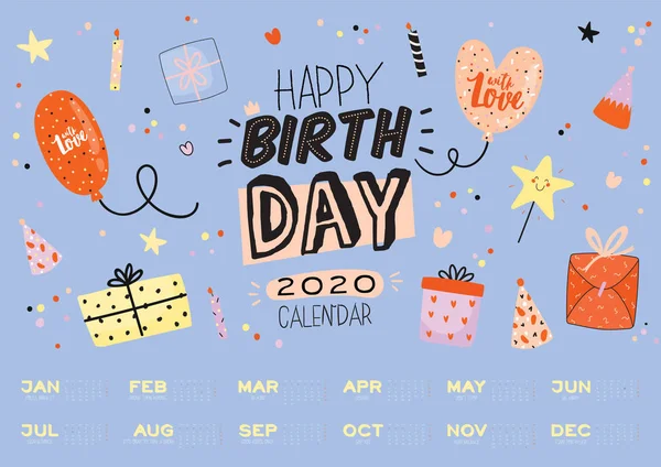 生日快乐挂历 2020 年度规划师拥有所有月份 良好的组织者和时间表 时髦的派对插图 带有节日灵感的引言 矢量背景 — 图库矢量图片