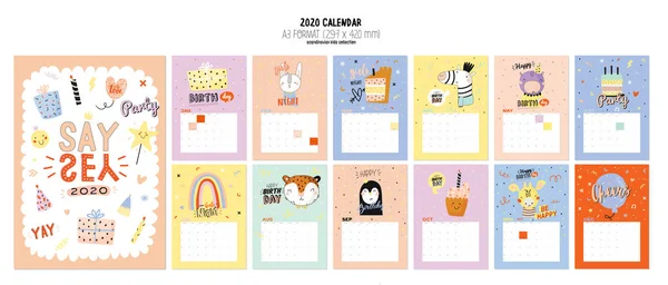 Feliz Aniversário Calendário Parede 2020 Planejador Anual Tem Todos Meses —  Vetores de Stock