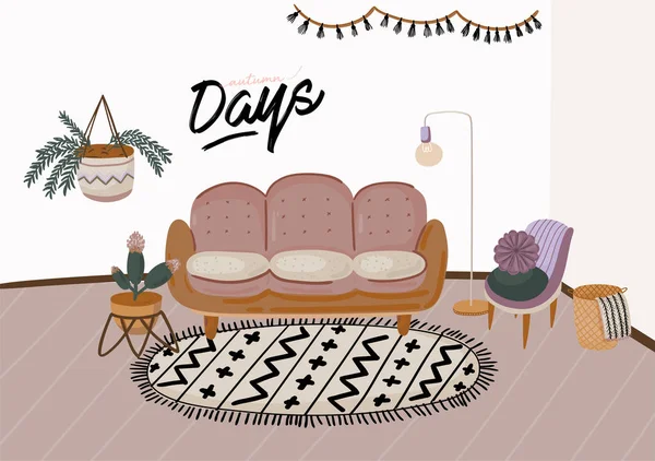 Stijlvolle Scandic woonkamer interieur-sofa, fauteuil, salontafel, planten in potten, lamp, Home Decorations. Gezellig herfst seizoen. Modern comfortabel appartement ingericht in hygge stijl. Vector illustratie — Stockvector