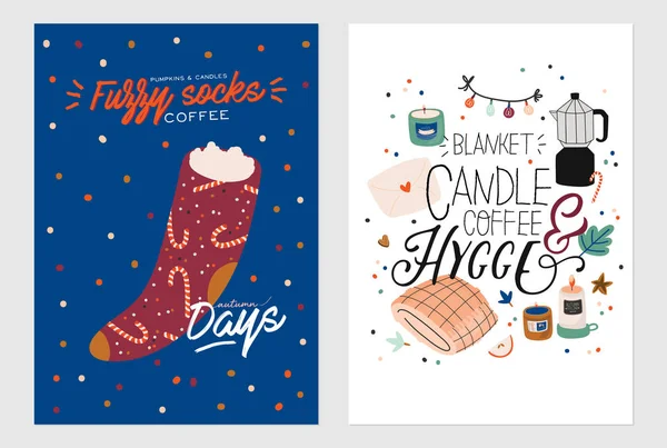 Söt illustration med höst och vinter mysiga inslag. Isolerad på vit bakgrund. Motiverande typografi av helgdagar hygge citat. Skandinavisk dansk stil. Vektor — Stock vektor