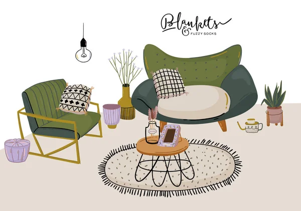 Stilvolle scandic Wohnzimmer Interieur - Sofa, Sessel, Couchtisch, Pflanzen in Töpfen, Lampe, Wohndekoration. Gemütliche Herbstzeit. moderne komfortable Wohnung im Hygge-Stil eingerichtet. Vektorillustration — Stockvektor