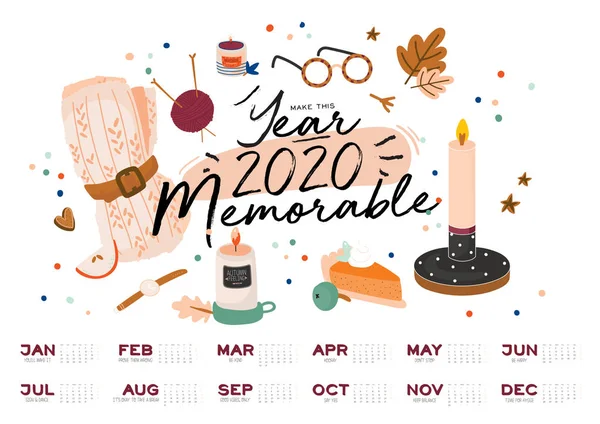 2020 年度计划 所有月份 良好的学校组织者和时间表 可爱的舒适的家庭背景 激励性报价字母 时尚风格的平面矢量插图 — 图库矢量图片