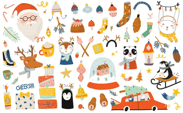 圣诞快乐或快乐新2020年插图与节日字母和传统的冬季元素 可爱的纸标签 标签或贴纸模板在斯堪的纳维亚风格 矢量背景 — 图库矢量图片