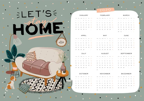 Wall Calendar 2020 Yearly Planner All Months Good School Organizer — Stock Vector