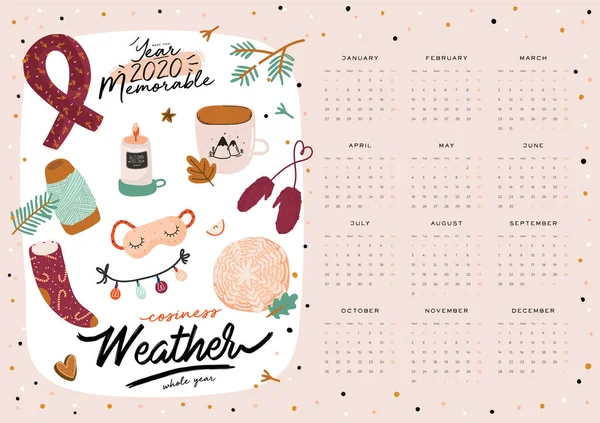 Calendario Pared 2020 Planificador Anual Con Todos Los Meses Buen — Vector de stock