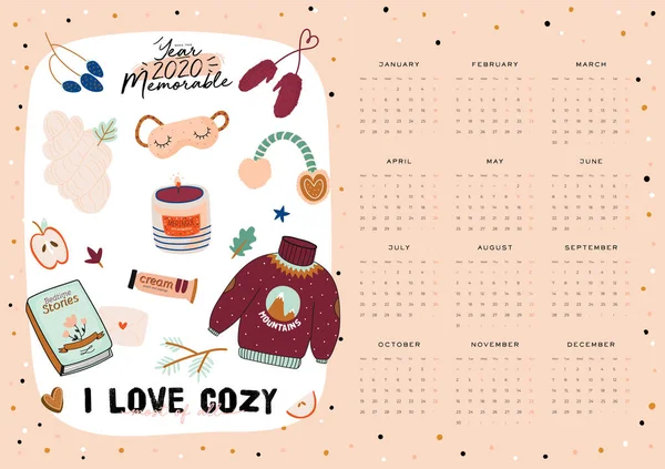 Calendrier Mural 2020 Planificateur Annuel Avec Tous Les Mois Bon — Image vectorielle