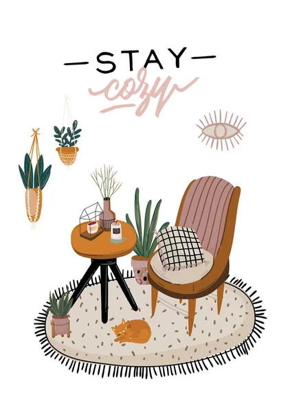 时尚的 Scandic 客厅内部 扶手椅 咖啡桌 盆栽植物 家居装饰品 舒适的秋天 现代舒适的公寓 以海格风格布置 — 图库矢量图片