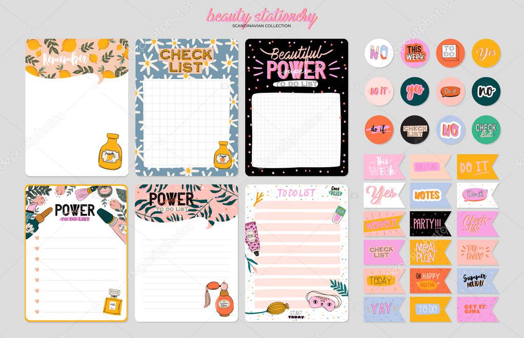 Collection of weekly or daily planner, note paper, to do list, stickers templates decorated by cute beauty cosmetic illustrations and trendy lettering. Trendy scheduler or organizer. Flat vector