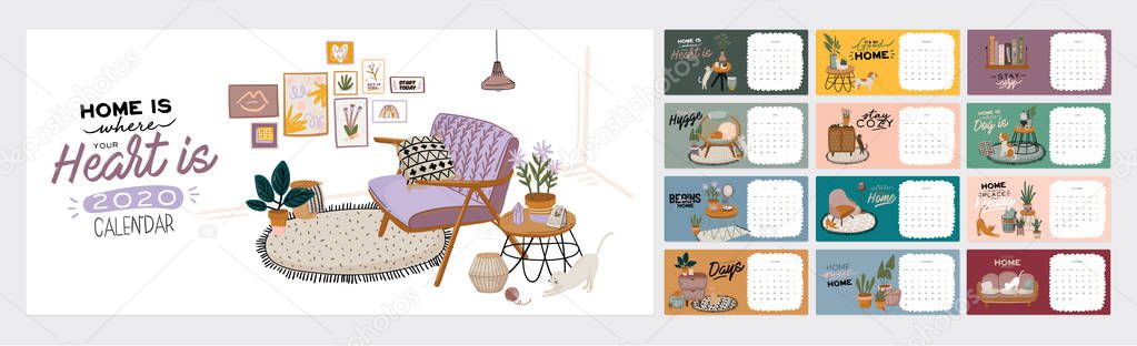 Wall calendar. 2020 Yearly Planner with all Months. Good school Organizer and Schedule. Cute home interior background. Motivational quote lettering. Flat vector illustration in trendy style