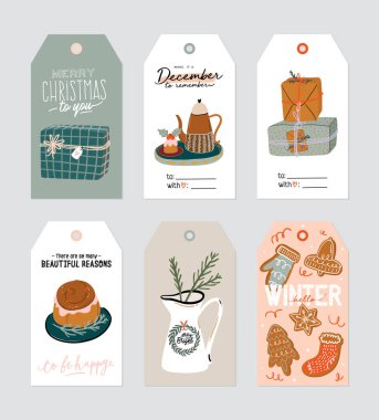 Christmas gift tag with cute hygge ilustration and holiday lettering wishes. Printable hand drawn cards templates. Sseasonal labels design. Vector. Isolated set clipart