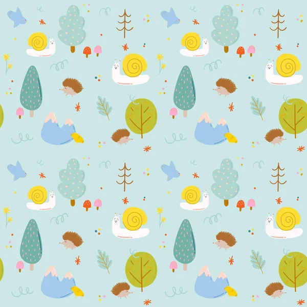 Cute scandinavian seamless pattern including funny decorative hand drawn elements. Cartoon doodle style illustration for birthday decor, stickers, T-shirt, nursery, kids design. Vector. — Stock Vector