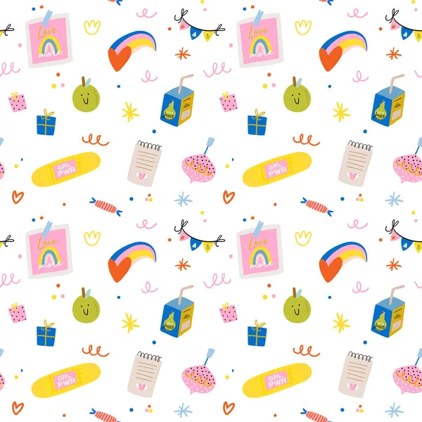 Mignon motif scandinave sans couture, y compris drôle d'éléments décoratifs dessinés à la main. Illustration dessin animé de style doodle pour décor d'anniversaire, autocollants, T-shirt, pépinière, design pour enfants. Vecteur . — Image vectorielle