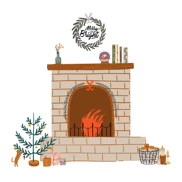 Скандинавский интерьер с домашними украшениями - венок, кошка, клетка, подарок, свечи, стол . — стоковый вектор