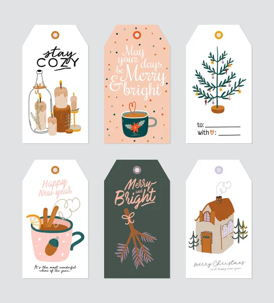 Christmas gift tag with cute hygge ilustration and holiday lettering wishes — Stock Vector