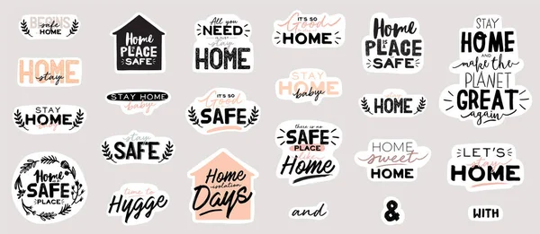 stock vector Stay home illusrtation and lettering with Coronavirus messages. Protect from Covid-19 epidemic. Self-isolation and quarantine phrases for social media, banners, web, stickers, tags