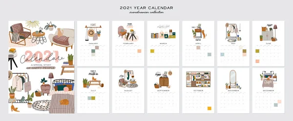 Настінний Календар 2021 Рік Планувальник Усіма Місяцями Хороший Шкільний Організатор — стоковий вектор