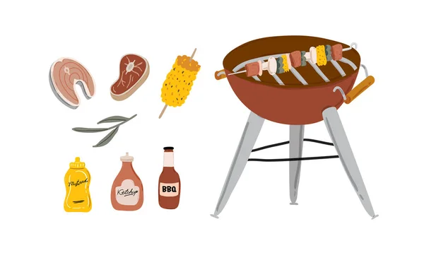 Letní Piknik Ovoce Bobule Dort Hotdog Sendvič Velký Gril Káva — Stockový vektor