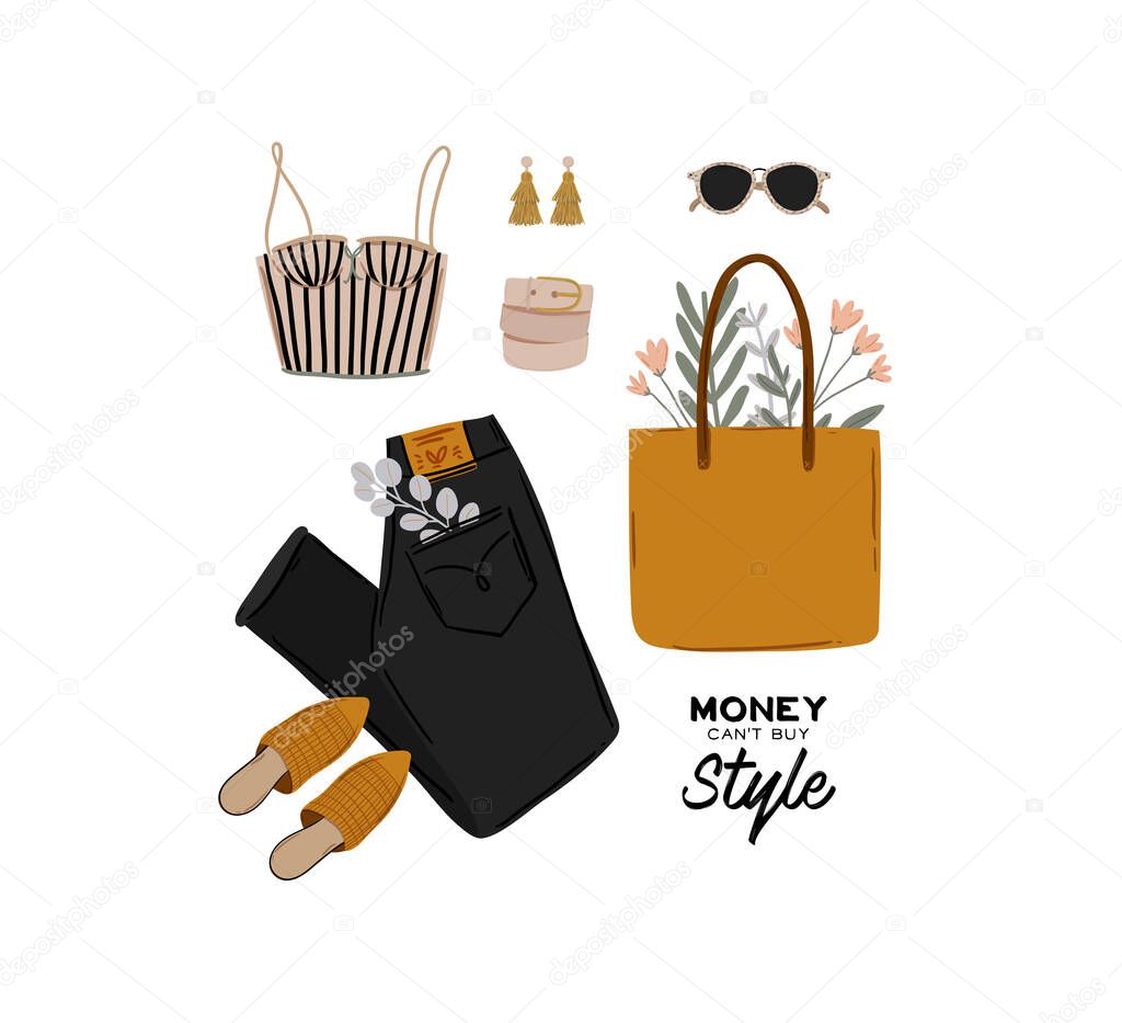 Summer fashion outfit set. Trendy woman clothes, underwaer, swimsuit, hat, bag, shoes, accessories. Beauty quotes. Vector illustration.