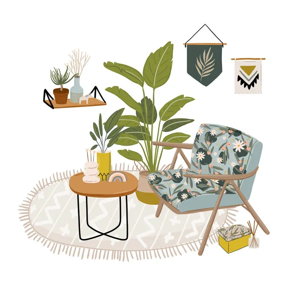 Trendig Scandinavian Urban Greenery Home Jungle Interior Med Heminredning Mysig — Stock vektor