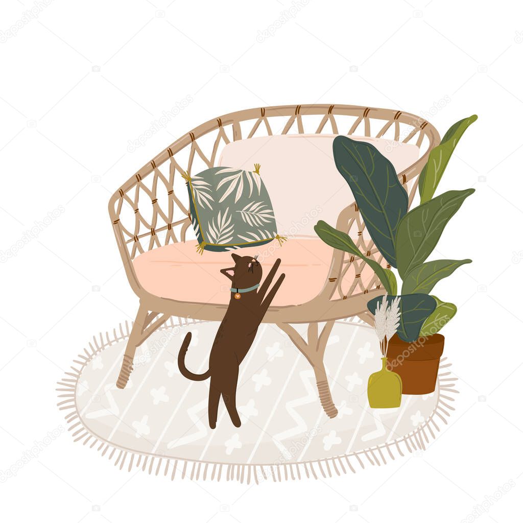 Trendy Scandinavian Urban Greenery at Home Jungle Interior with home decorations. Cozy Home Garden furnished in Hygge style. Crazy Plant Lady illustration. Isolated Vector