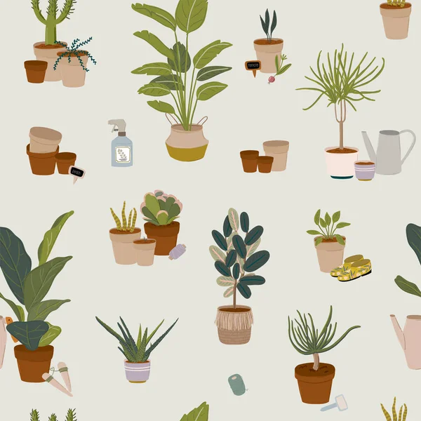 Trendy Scandinavian Urban Home Jungle Interieur Naadloos Patroon Met Huisdecoratie — Stockvector