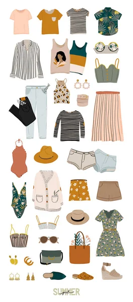 Letní Módní Výbava Trendy Dámské Oblečení Spodní Prádlo Plavky Klobouk — Stockový vektor