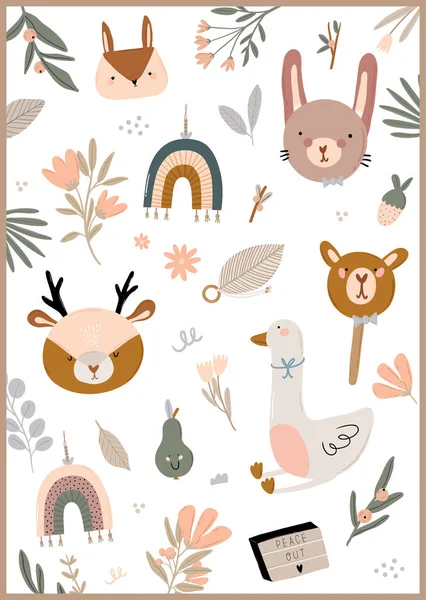 Linda Tarjeta Bebé Estilo Escandinavo Con Animales Frescos Flores Dibujos — Vector de stock