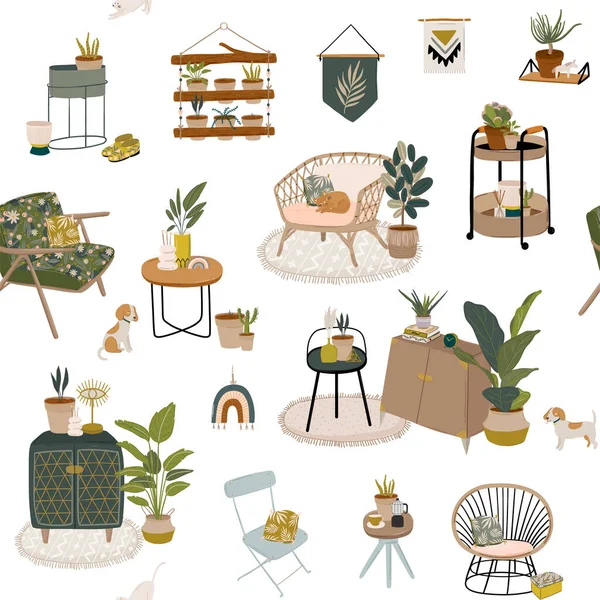 Trendy Scandinavian Urban Home Jungle Interior Seamless Pattern Home Decorations — Stock Vector